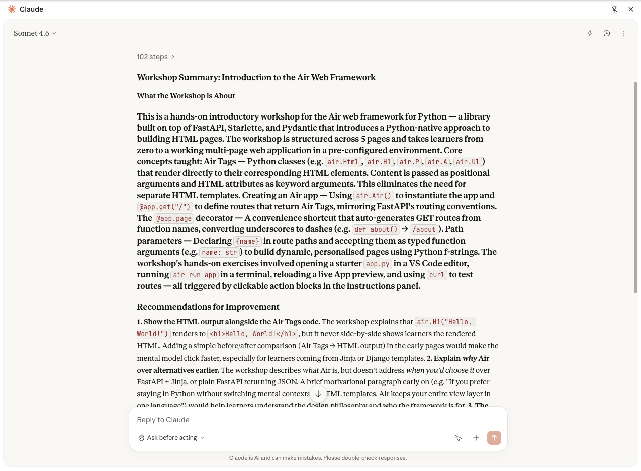 Claude's summary and review of the workshop