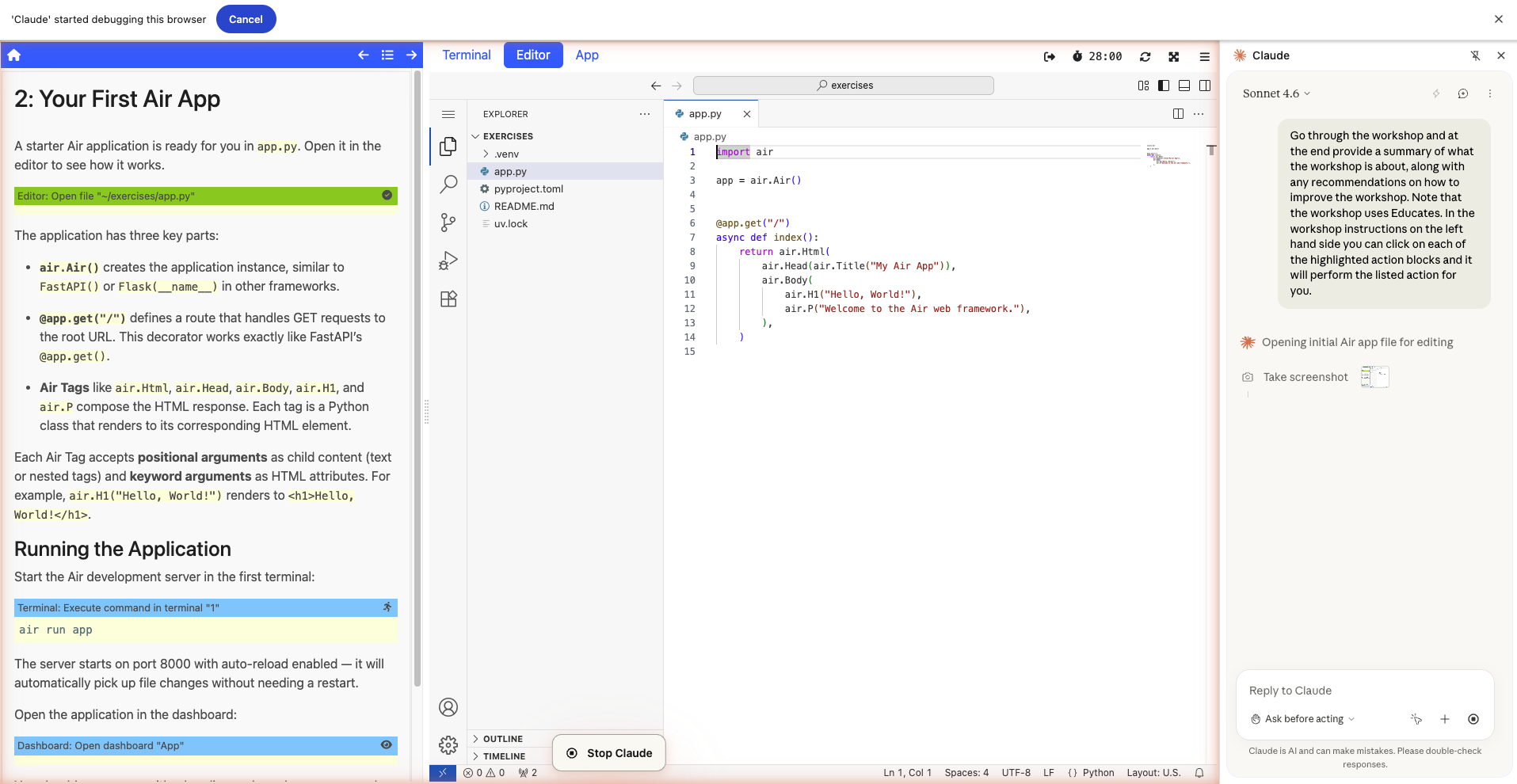 Claude navigating the workshop and triggering clickable actions