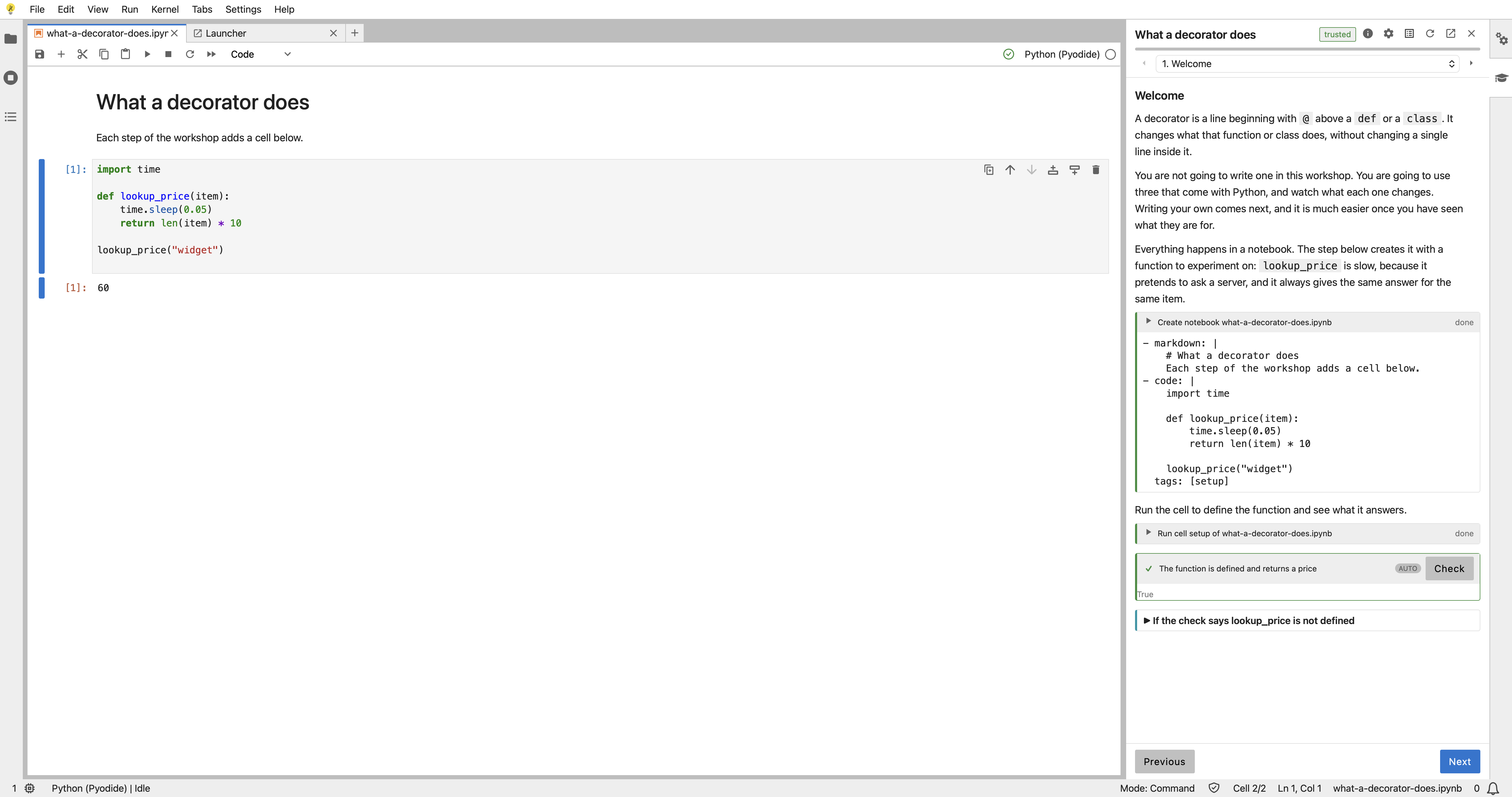 The first decorator workshop open in JupyterLab, with a notebook on the left and the workshop instructions in a side panel on the right, showing an action that created the notebook and a check waiting to be run.